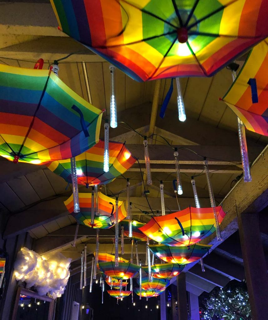 A ceiling full of rainbow of umbrellas
