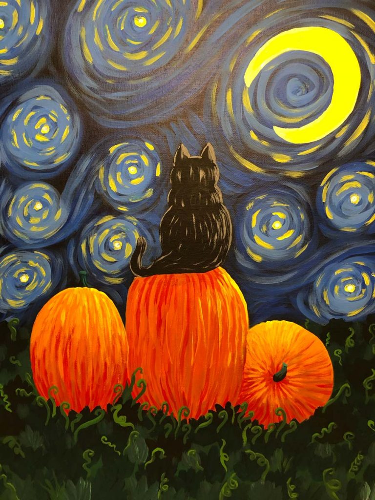 Halloween cat and pumpkins painting